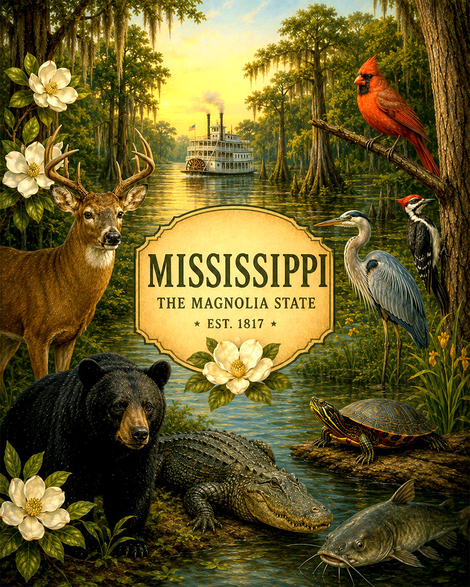Mississippi-Native-Wildlife-Matted-Art-PrintQQSouthern-Forest-and-Wetland-Animals