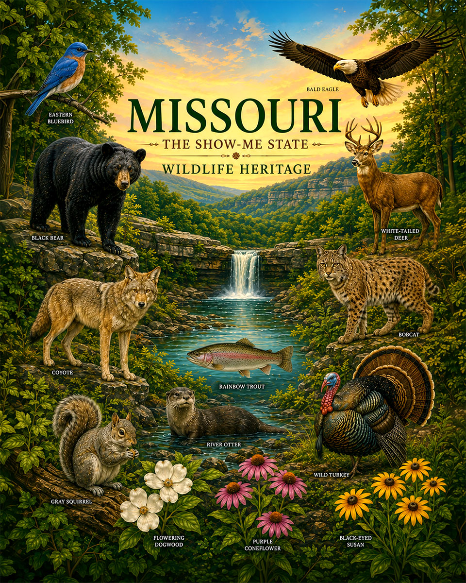 Missouri-Wildlife-Heritage-Collage-Matted-Art-PrintQQOzark-Nature-and-Wildlife-Art