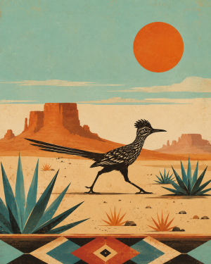 Modern Southwestern Roadrunner Matted Print - Wholesale Wall Art for Shops