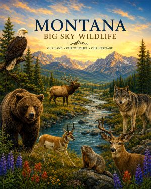 Montana-Big-Sky-Wildlife-Matted-Art-PrintQQGrizzlies-Elk-and-Mountain-Animals