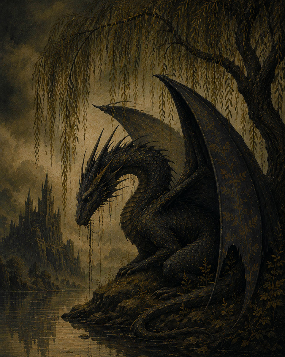 Moody Gothic Dragon Weeping Willow Dark Melancholy Fantasy Matted Print