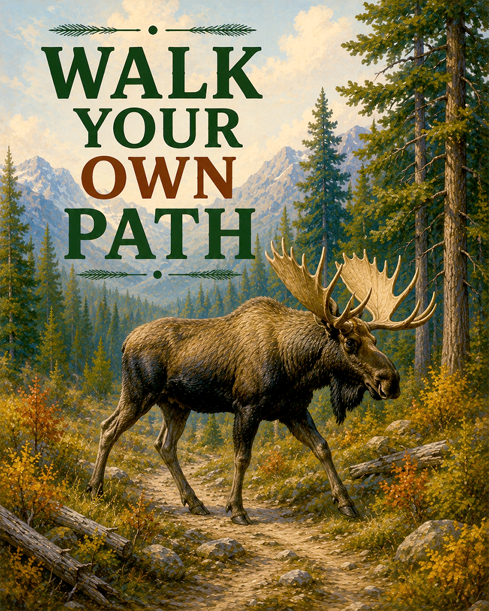 Moose Trail Wall Art Matted Art Print - Rustic Wildlife Decor with Motivational Quote
