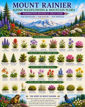 Mount Rainier Alpine Wildflowers & Mountain Flora Chart Matted Art Print - Washington Botanical Field Guide