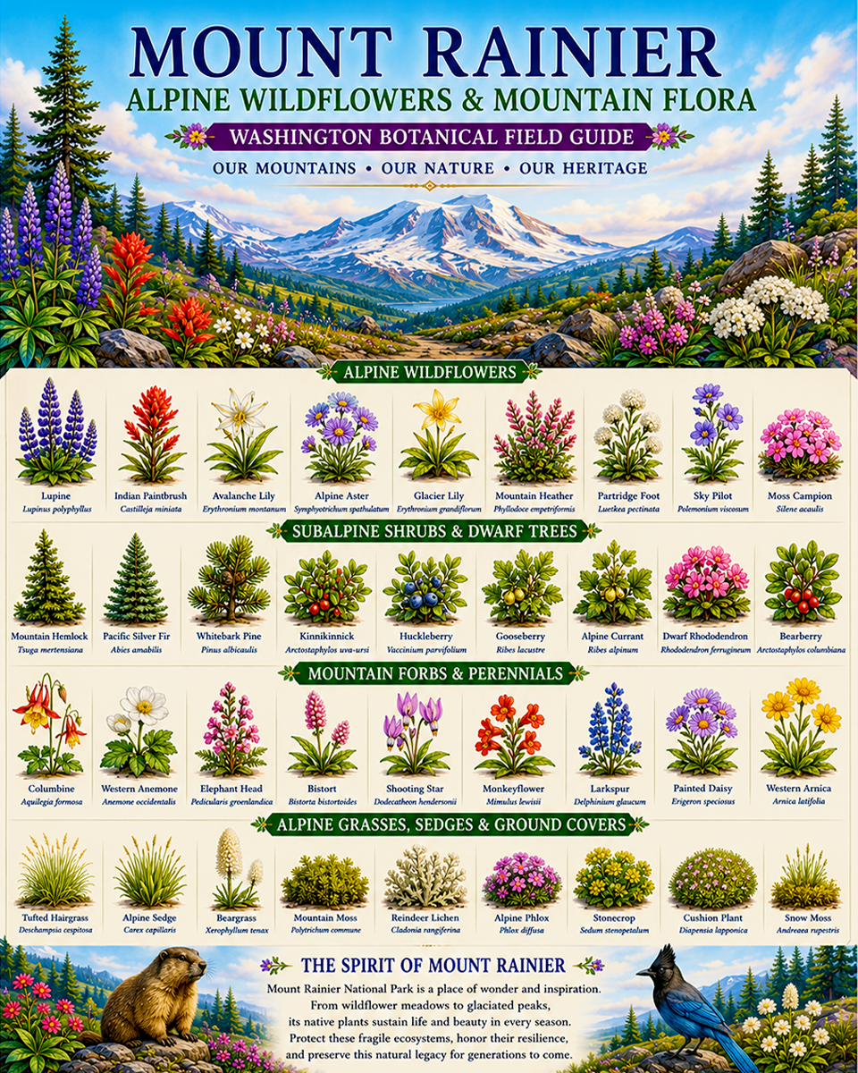 Mount Rainier Alpine Wildflowers & Mountain Flora Chart Matted Art Print - Washington Botanical Field Guide