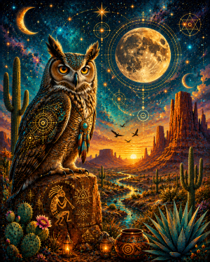 Mystical Midnight Guardian Owl Matted Print - Southwestern Wholesale Wall Art
