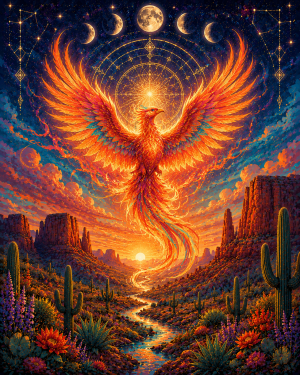 Mystical Rebirth Phoenix Matted Print - Stylized Southwestern Wholesale Art