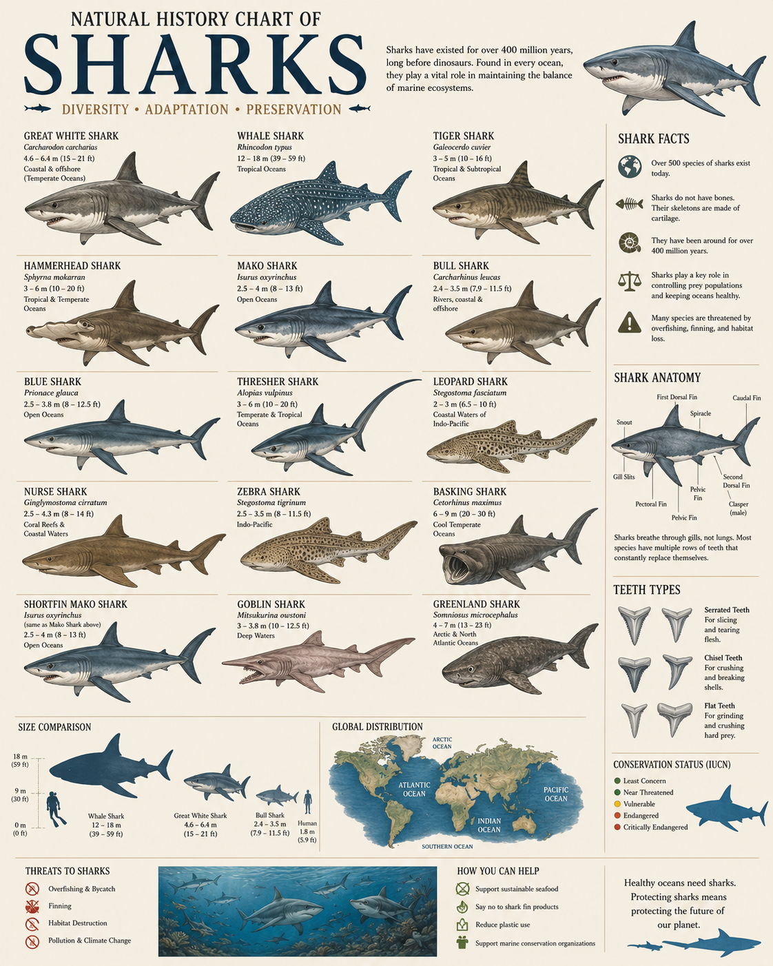 Natural History Chart of Sharks Matted Art Prints for Classrooms