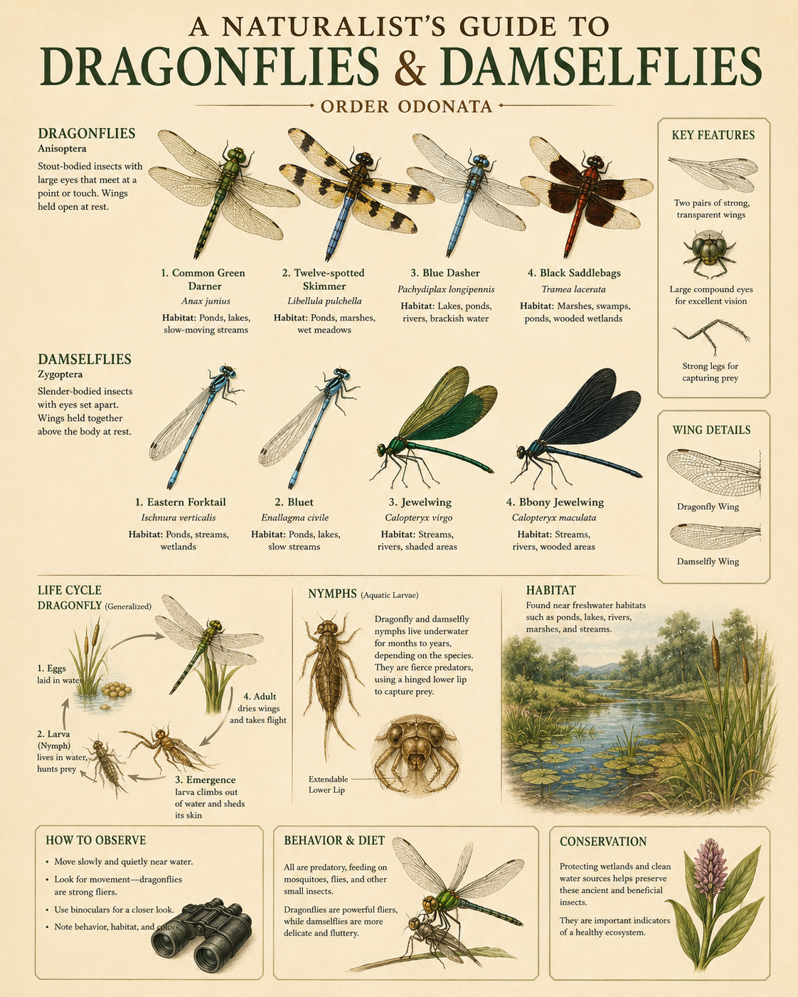 Naturalist Guide to Dragonflies and Damselflies Matted Art Prints for Classrooms