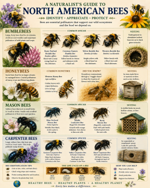 Naturalist Guide to North American Bees - Bumblebees - Honeybees - Mason Bees and Carpenter Bees - Pollinator Identification Chart Matted Art Prints for Classrooms