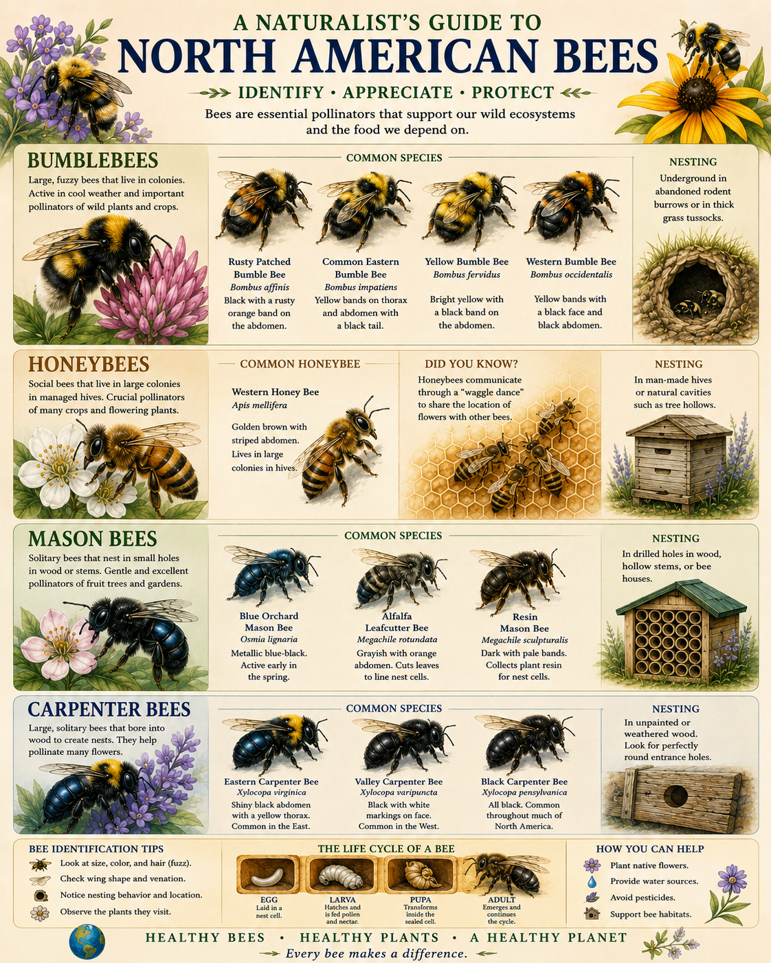 Naturalist Guide to North American Bees - Bumblebees - Honeybees - Mason Bees and Carpenter Bees - Pollinator Identification Chart Matted Art Prints for Classrooms