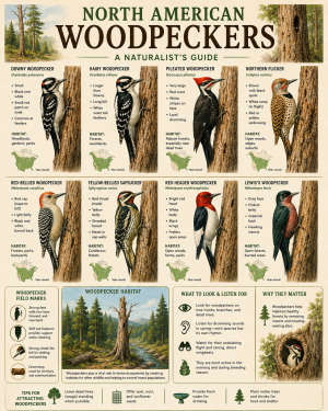 Naturalist Guide to North American Woodpeckers - Species Chart with Field Marks and Habitat Illustrations Matted Art Prints for Classrooms