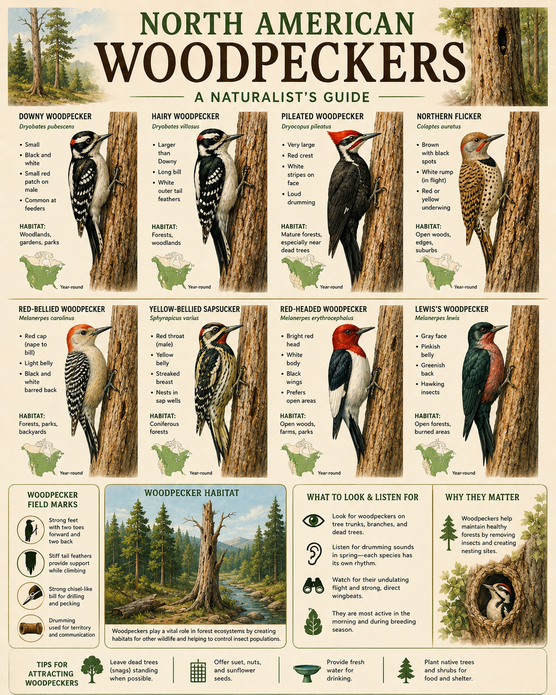 Naturalist Guide to North American Woodpeckers - Species Chart with Field Marks and Habitat Illustrations Matted Art Prints for Classrooms