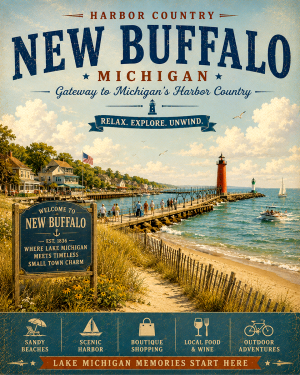 New Buffalo Michigan Harbor Country Gateway Matted Print - Wholesale Dune Beach Travel Art