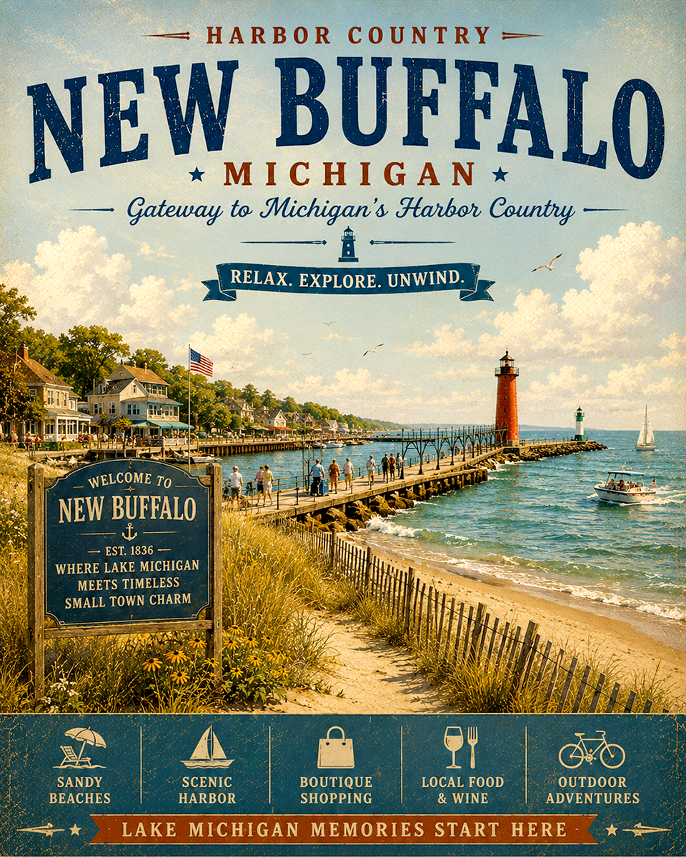 New Buffalo Michigan Harbor Country Gateway Matted Print - Wholesale Dune Beach Travel Art