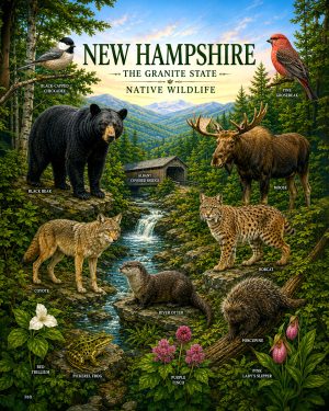 New-Hampshire-Mountain-Wildlife-Matted-Art-PrintQQForest-Creatures-and-Alpine-Nature