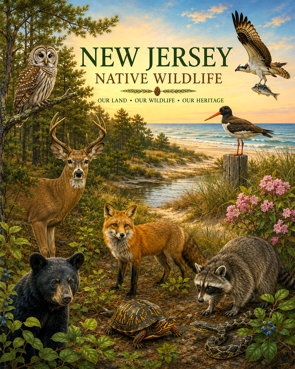 New-Jersey-Native-Wildlife-Collage-Matted-Art-PrintQQPine-Barrens-and-Coastal-Animals