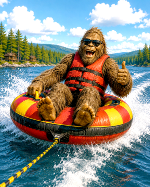 No-TextQQBigfoot-on-Towable-Tube-Over-Lake-Waves-Matted-Art-PrintQQWholesale-Fun-Summer-Souvenir.png