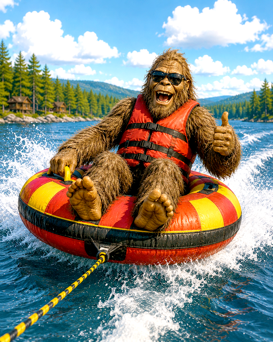 No Text - Bigfoot on Towable Tube Over Lake Waves Matted Art Print - Wholesale Fun Summer Souvenir