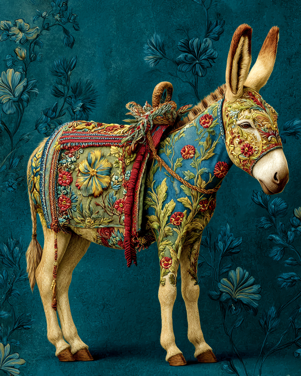 Nordic Rosemaling Style Decorative Donkey Showcasing Elaborate Florals and Intricate Hand Painted Accents - Matted Art Print