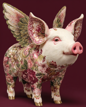 Nordic Style Ornately Painted Flying Pig Embodying Timeless Swedish Kurbits Painting Techniques with Bold Modern Color Palettes - Matted Art Print