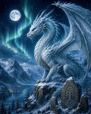 Norse Frost Dragon of the North Matted Art Print