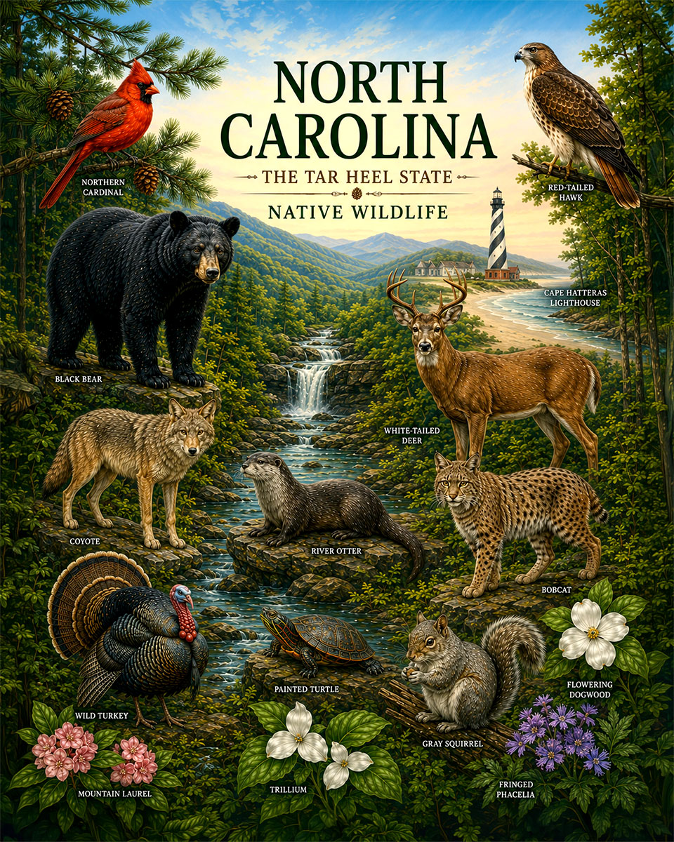 North-Carolina-Wildlife-Collection-Matted-Art-PrintQQAppalachian-and-Coastal-Nature-Art