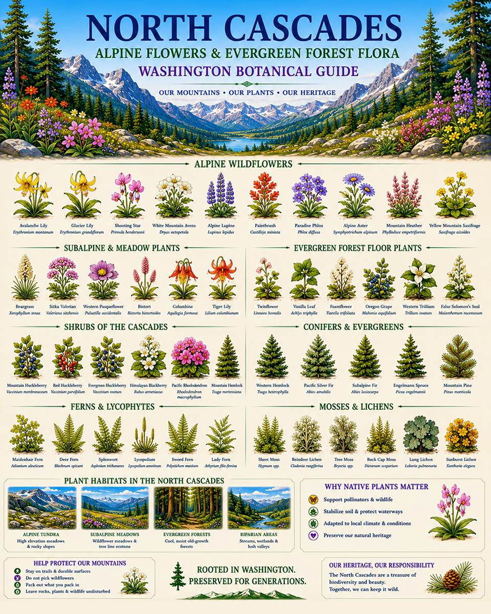 North Cascades Alpine Flowers & Evergreen Forest Flora Chart Matted Art Print - Washington Botanical Guide