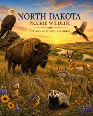 North-Dakota-Prairie-Wildlife-Matted-Art-PrintQQBison-and-Plains-Nature-Collage