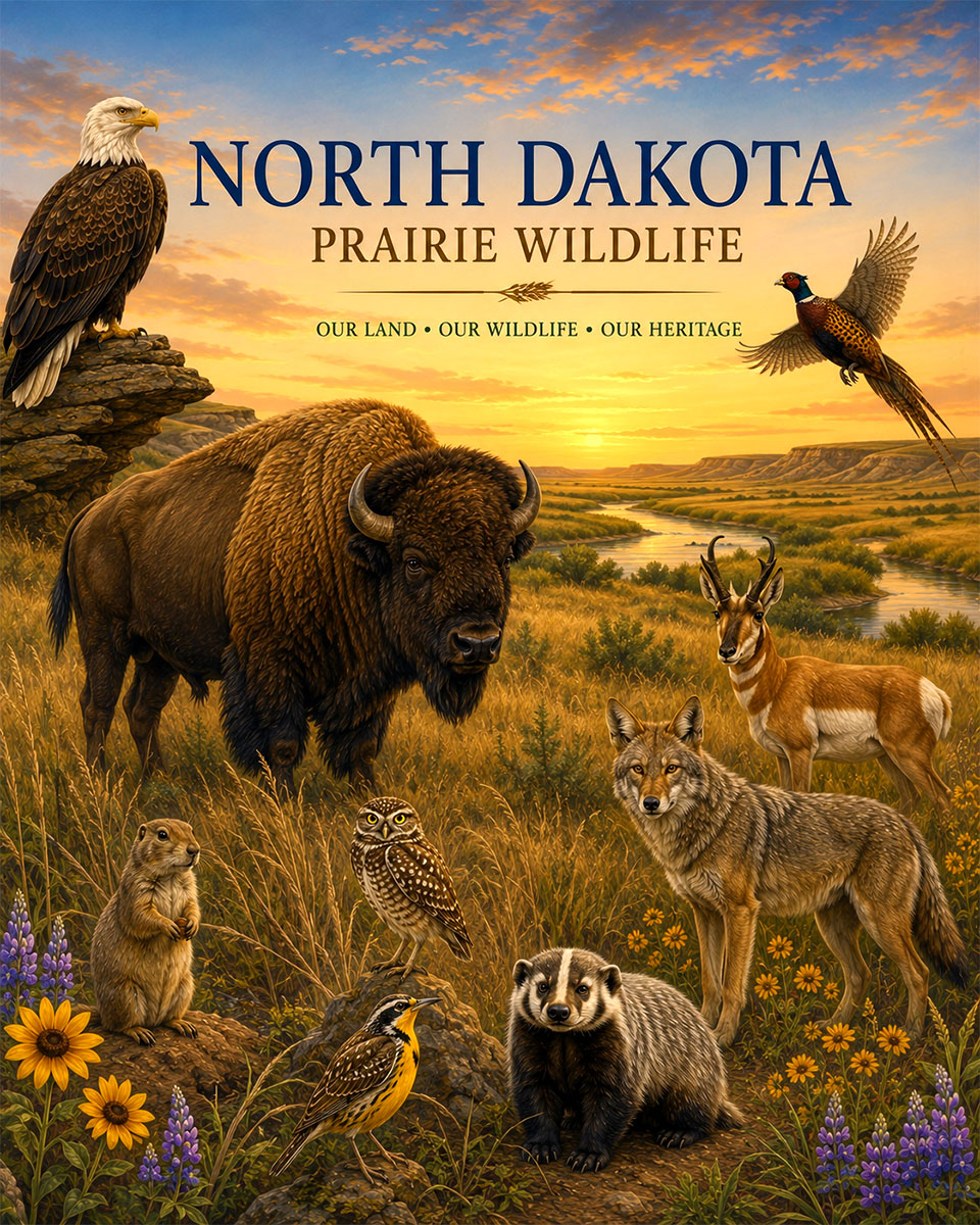 North-Dakota-Prairie-Wildlife-Matted-Art-PrintQQBison-and-Plains-Nature-Collage