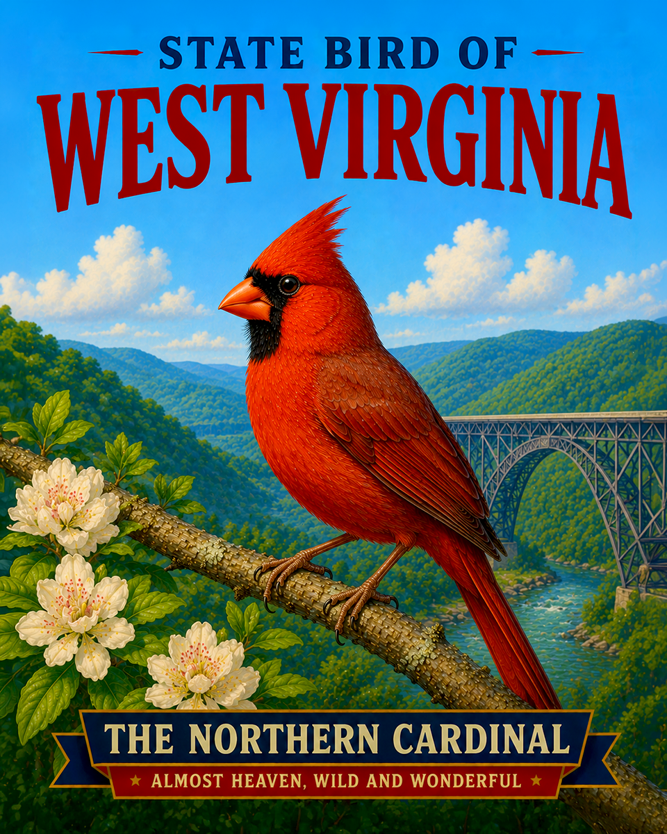 Northern Cardinal West Virginia State Bird Matted Art Print - Charming Mountain Songbird Illustration for Appalachian Cabin Decor