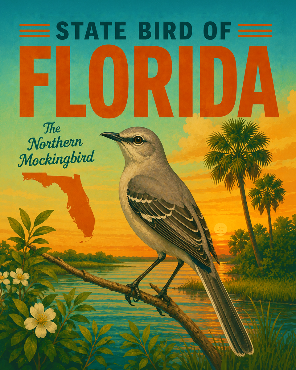 Northern Mockingbird Florida State Bird Matted Art Print - Tropical Wildlife Accent Piece for Coastal Homes