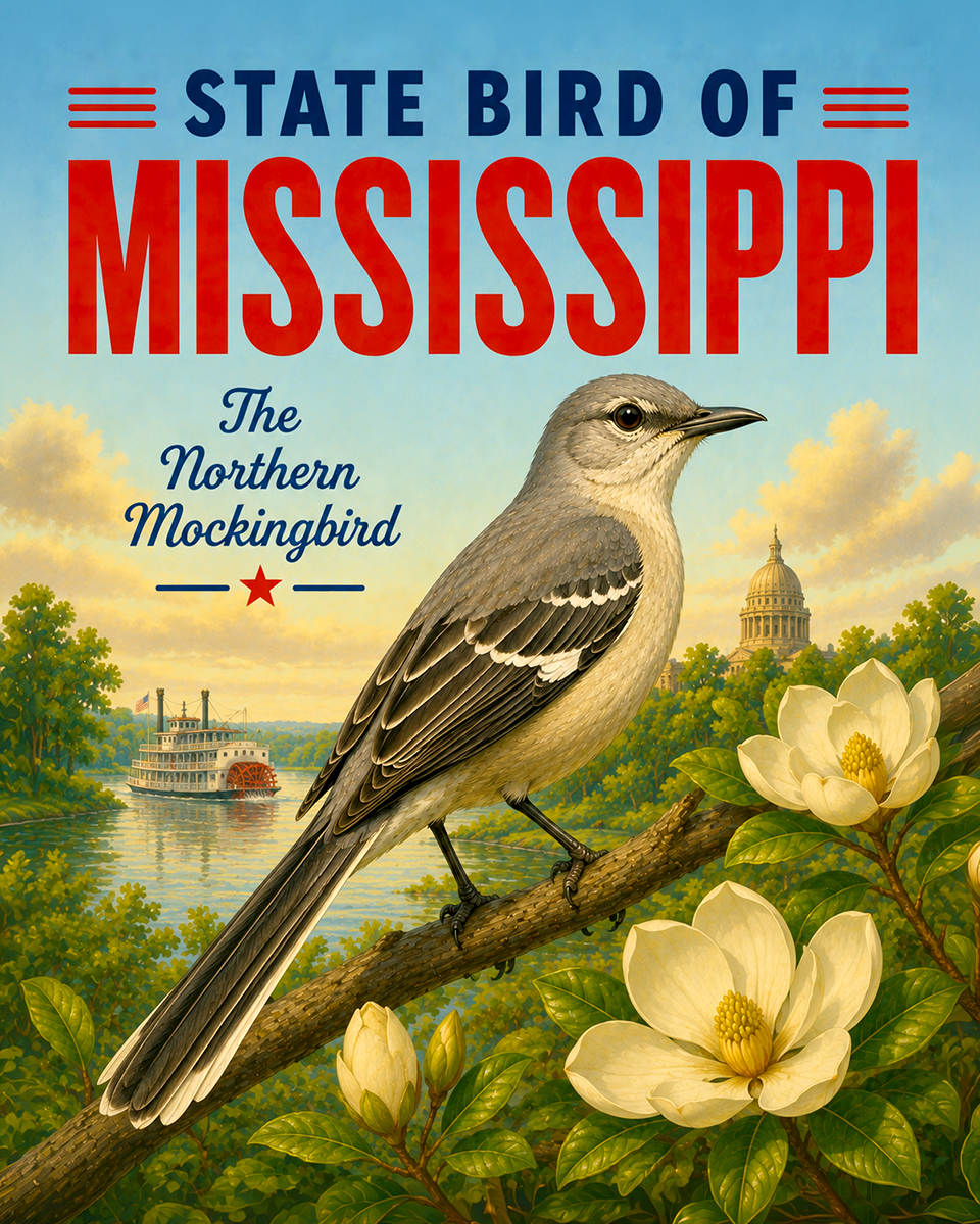 Northern Mockingbird Mississippi State Bird Matted Art Print - Detailed Avian Study for Southern Heritage Style