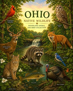 Ohio-Native-Wildlife-Matted-Art-PrintQQWoodland-Animal-and-Bird-Collection