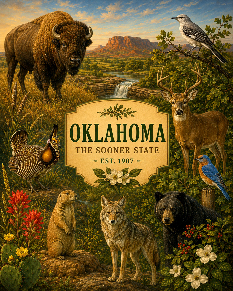 Oklahoma-Wildlife-Heritage-Collage-Matted-Art-PrintQQPlains-and-Forest-Nature-Art