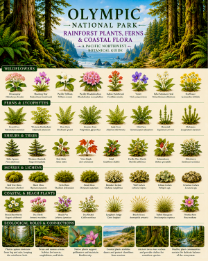Olympic Rainforest Plants Ferns & Coastal Flora Chart Matted Art Print - Pacific Northwest Botanical Guide