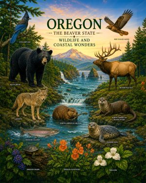Oregon-Wildlife-and-Coastal-Wonders-Matted-Art-PrintQQPacific-Northwest-Nature-Collage