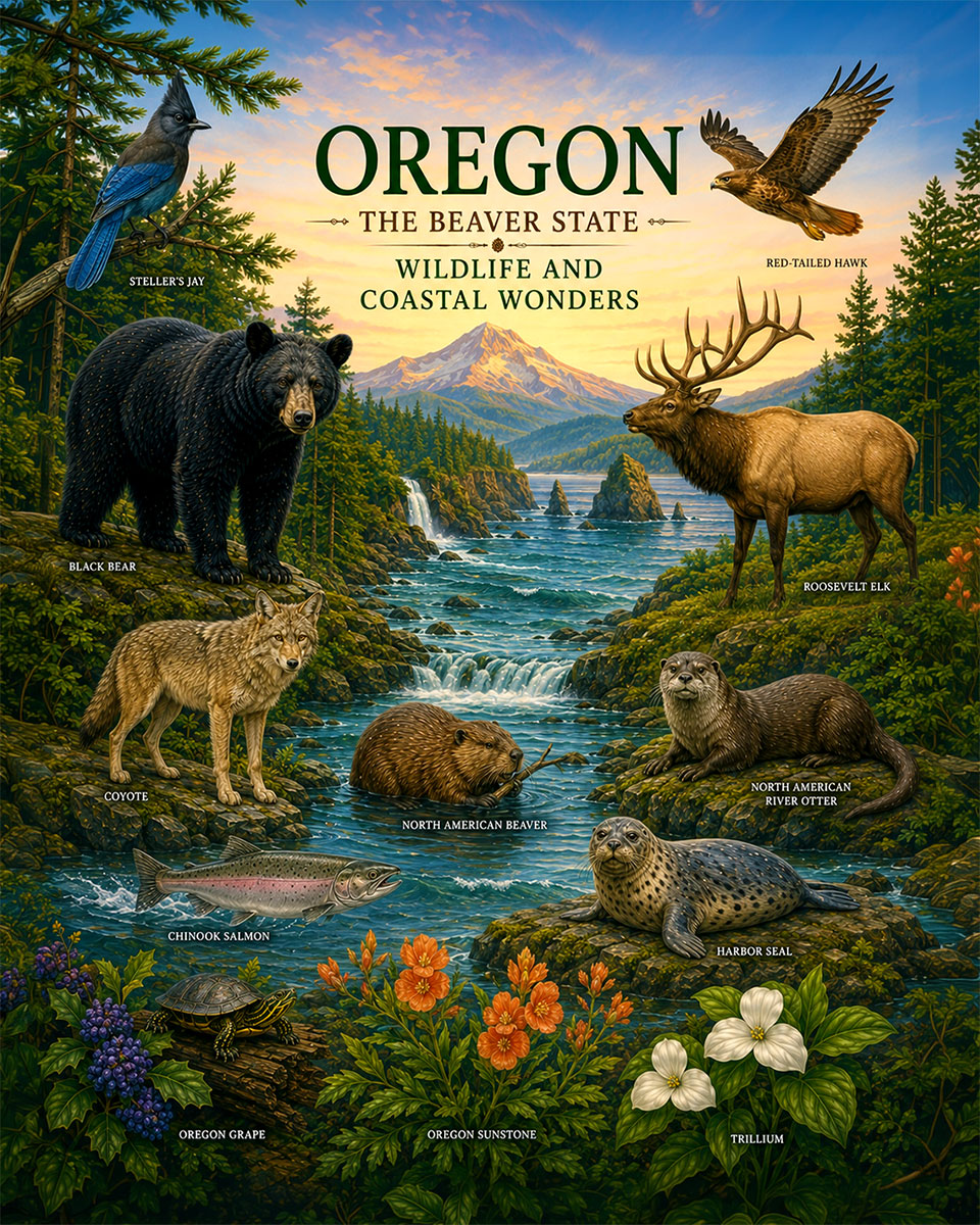 Oregon-Wildlife-and-Coastal-Wonders-Matted-Art-PrintQQPacific-Northwest-Nature-Collage
