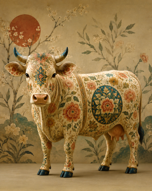 Ornate Chinoiserie Cow Wall Art Showcasing Premium Luxury Wallpaper Backgrounds and Soft Watercolor Detailing for Boutique Retail - Matted Art Print