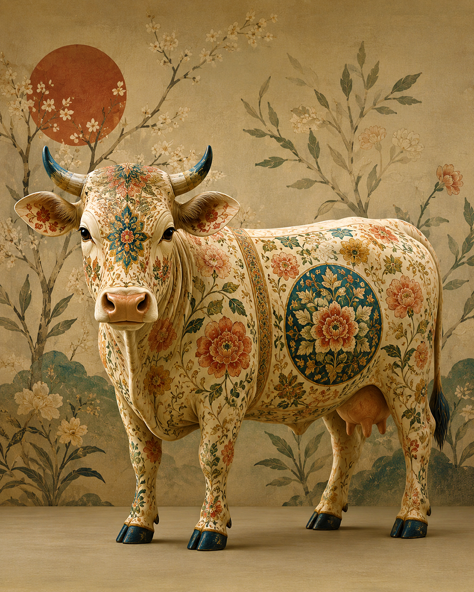 Ornate Chinoiserie Cow Wall Art Showcasing Premium Luxury Wallpaper Backgrounds and Soft Watercolor Detailing for Boutique Retail - Matted Art Print
