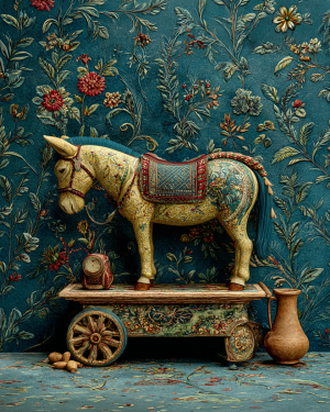 Ornately Painted Scandinavian Folk Art Donkey on Cart Illustration Celebrating Cozy Hygge Home Decor Style - Matted Art Print