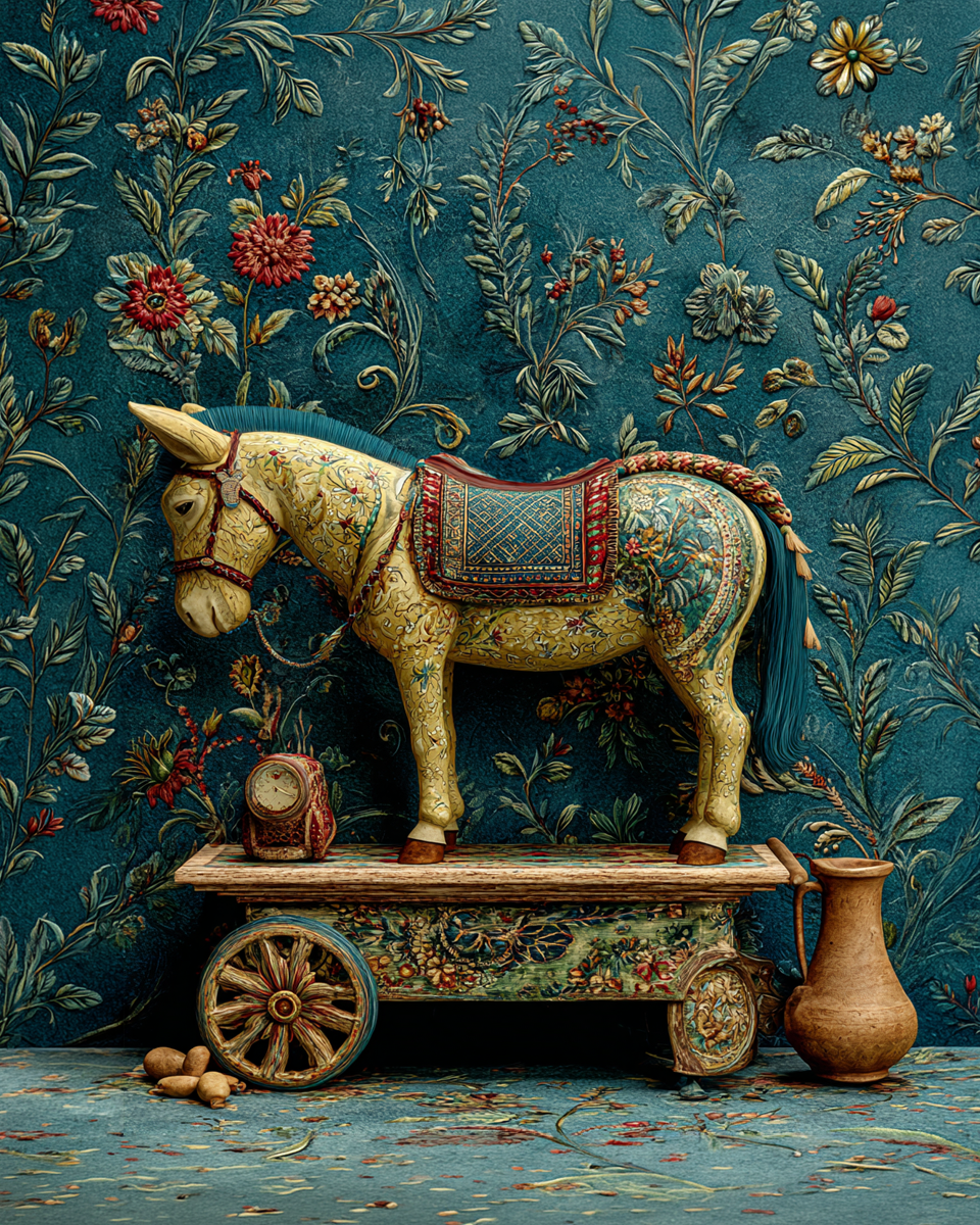 Ornately Painted Scandinavian Folk Art Donkey on Cart Illustration Celebrating Cozy Hygge Home Decor Style - Matted Art Print
