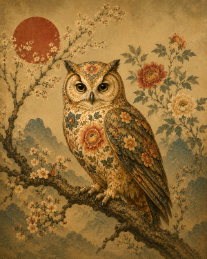 Ornately Painted Tole Style Owl - Matted Art Print