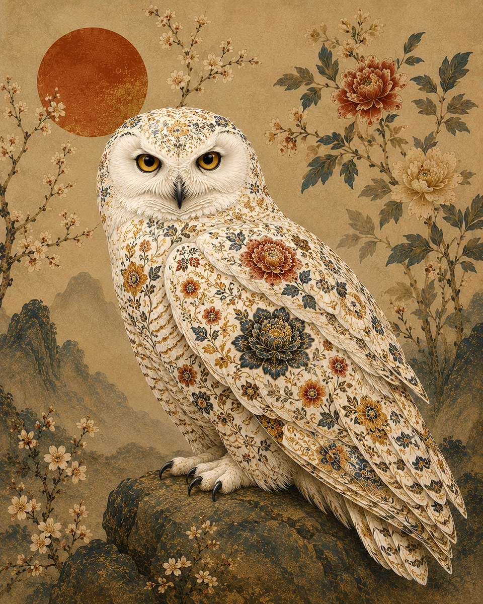 Ornately Painted Tole Style Snowy Owlin Japandi Style Floral Painting - Matted Art Print