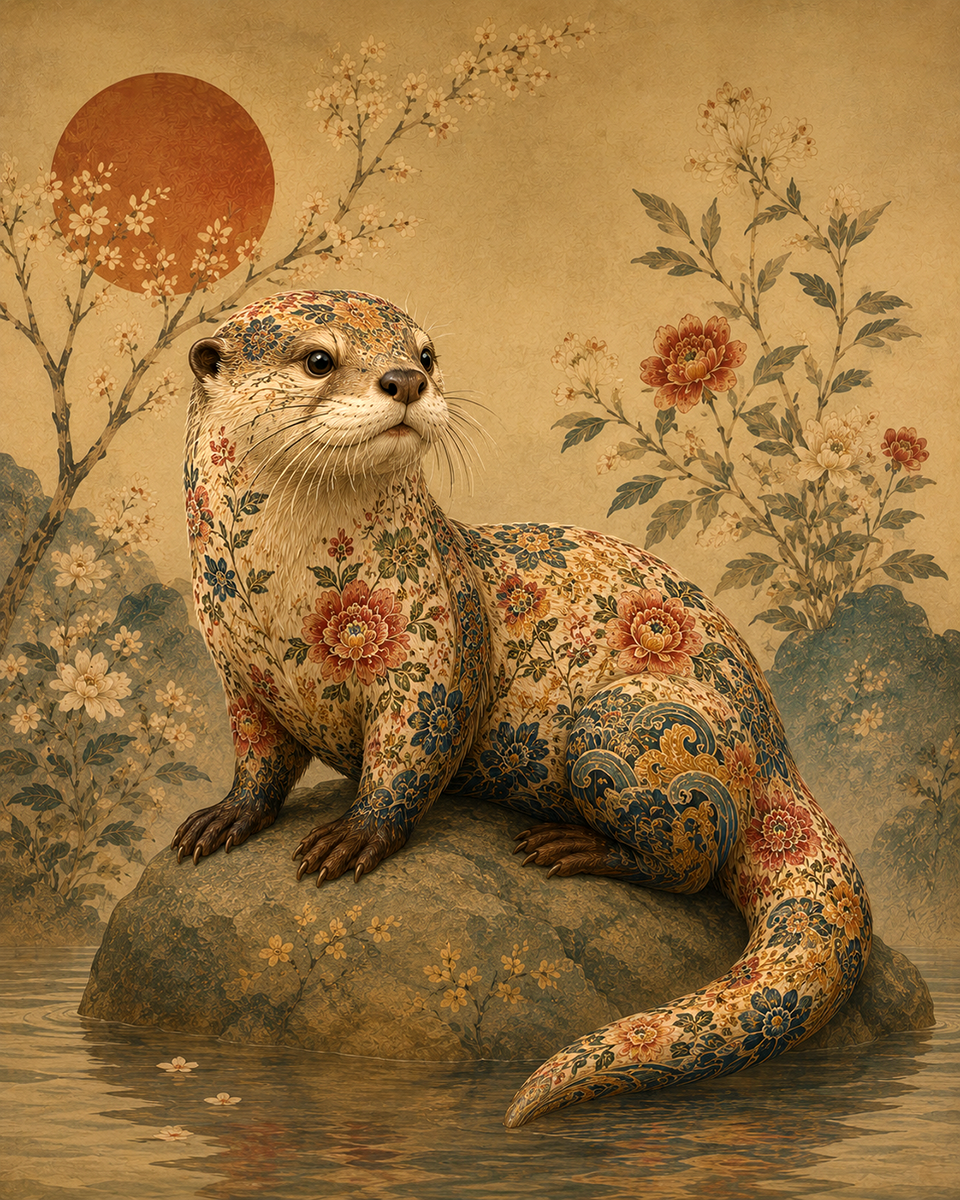 Ornately Painted Vintage River Otter Portrait in Classic Chinoiserie Style with Intricate Floral Motifs and Pastel Botanical Backgrounds for Luxury Home Decor - Matted Art Print