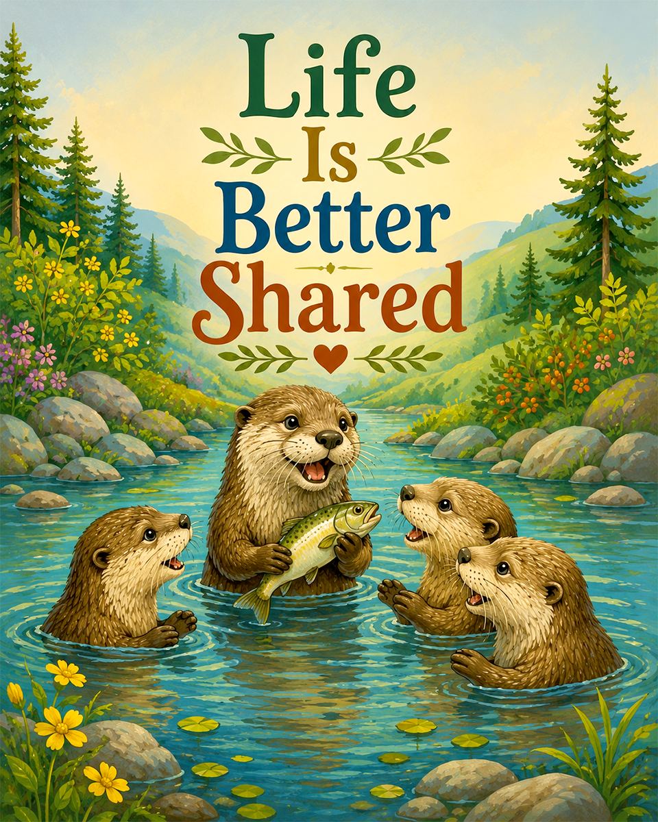 Otter Friendship Wall Art Matted Art Print - Whimsical Nature Decor with Inspirational Message