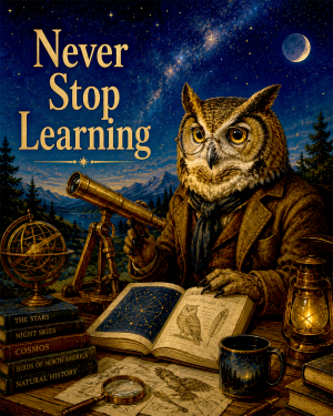 Owl Astronomy Wall Art Matted Art Print - Educational Woodland Decor with Wise Saying