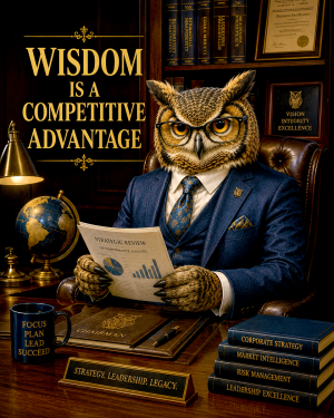 Owl Chairman Wall Art Matted Art Print - Wisdom Is a Competitive Advantage Business Decor