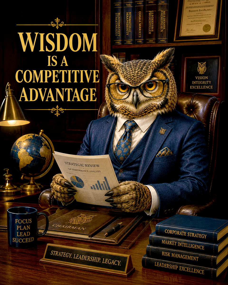 Owl Chairman Wall Art Matted Art Print - Wisdom Is a Competitive Advantage Business Decor