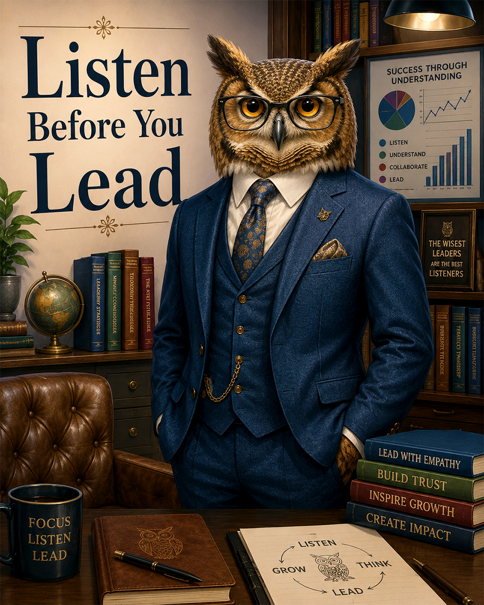 Owl Executive Wall Art Matted Art Print - Listen Before You Lead Business Inspiration Decor