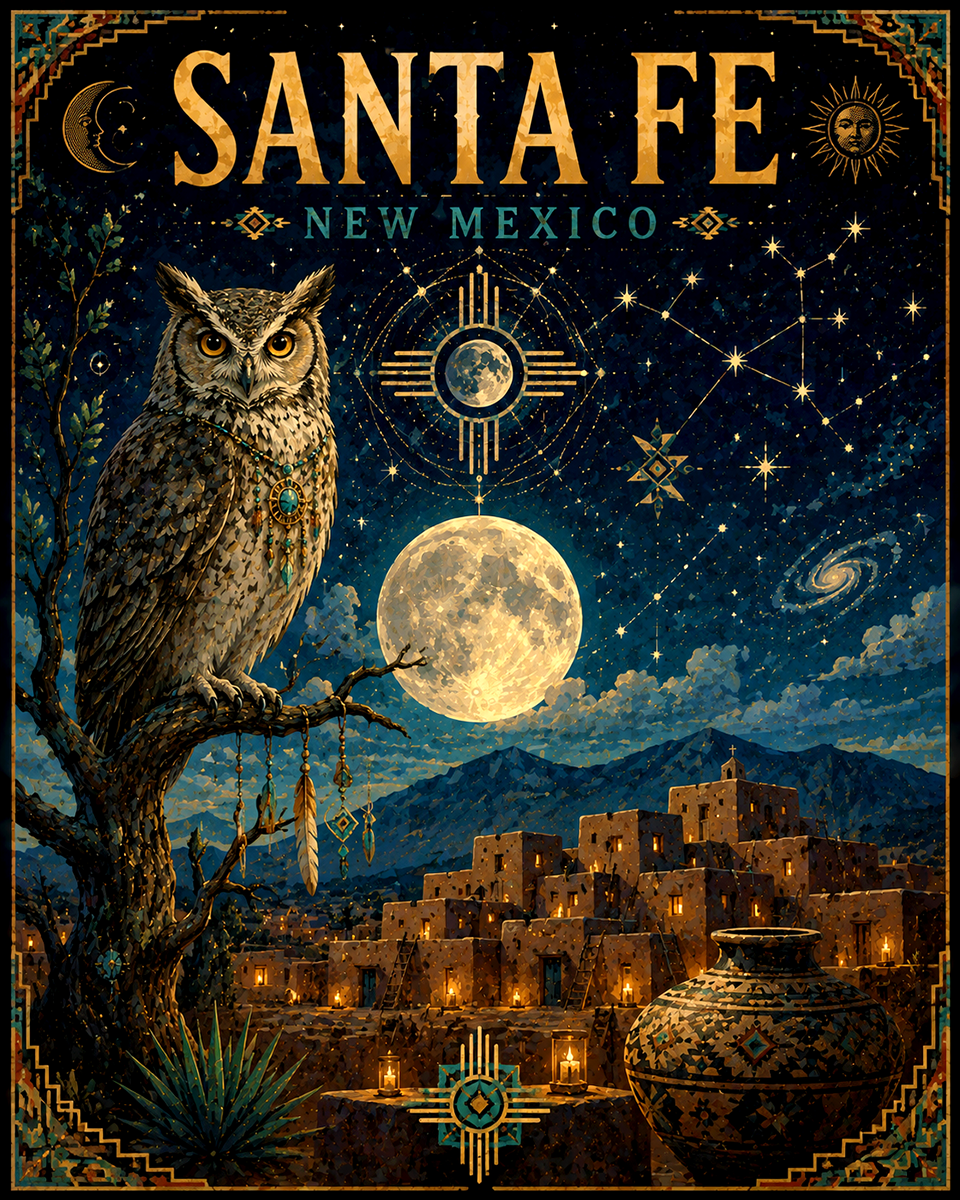 Owl at Night Santa Fe Matted Art Print - Celestial New Mexico Wholesale